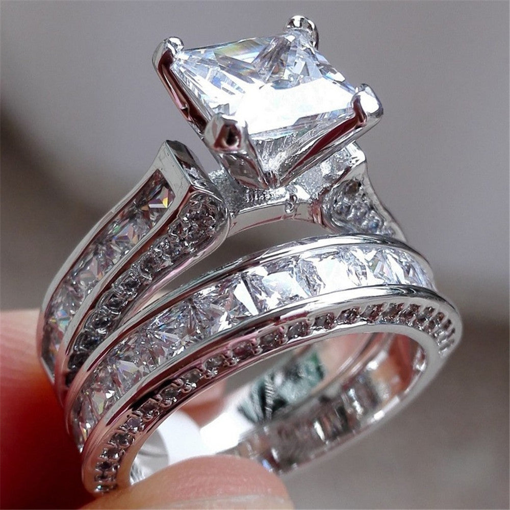  New Style Charm Couple Rings His Her Silver Color Princess Cut CZ Anniversary Promise Wedding Engagement Ring Sets