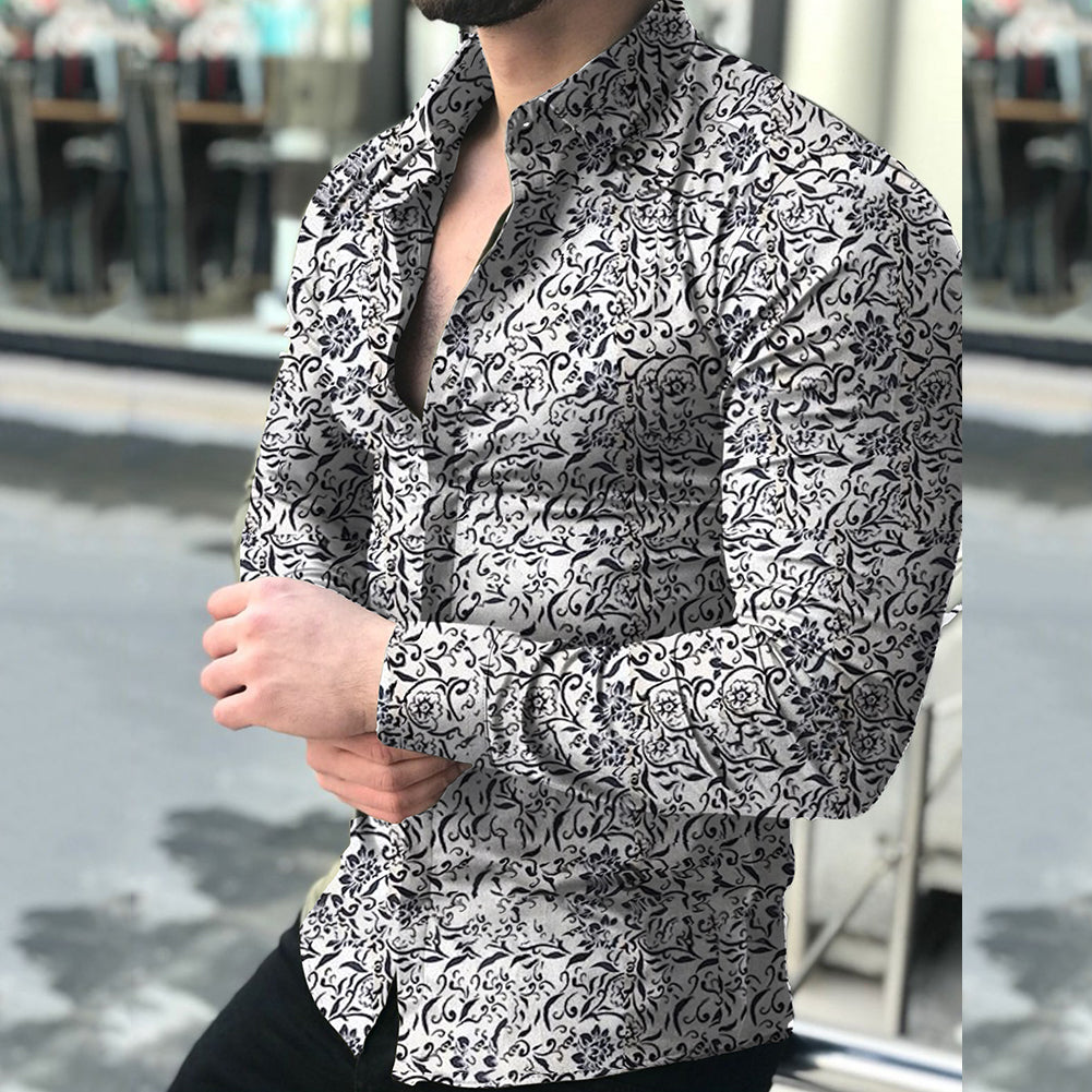  Lapel printed long-sleeved casual floral shirt