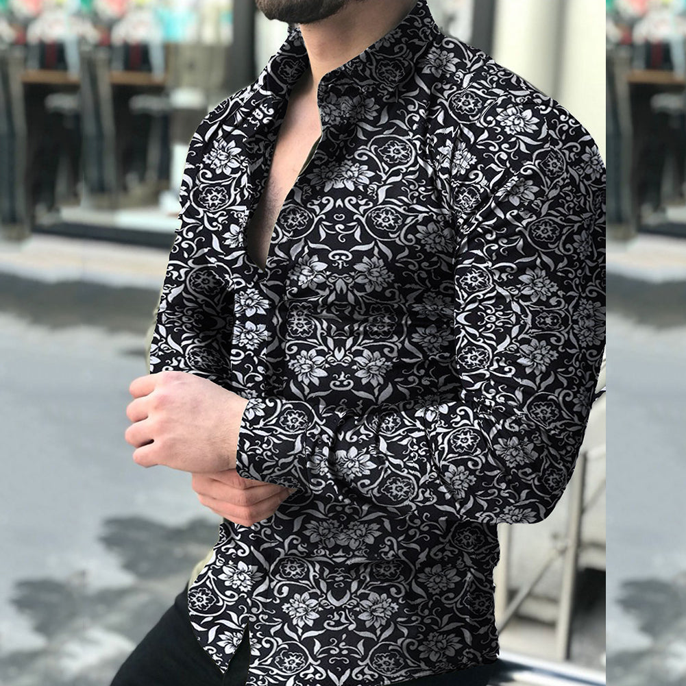  Lapel printed long-sleeved casual floral shirt