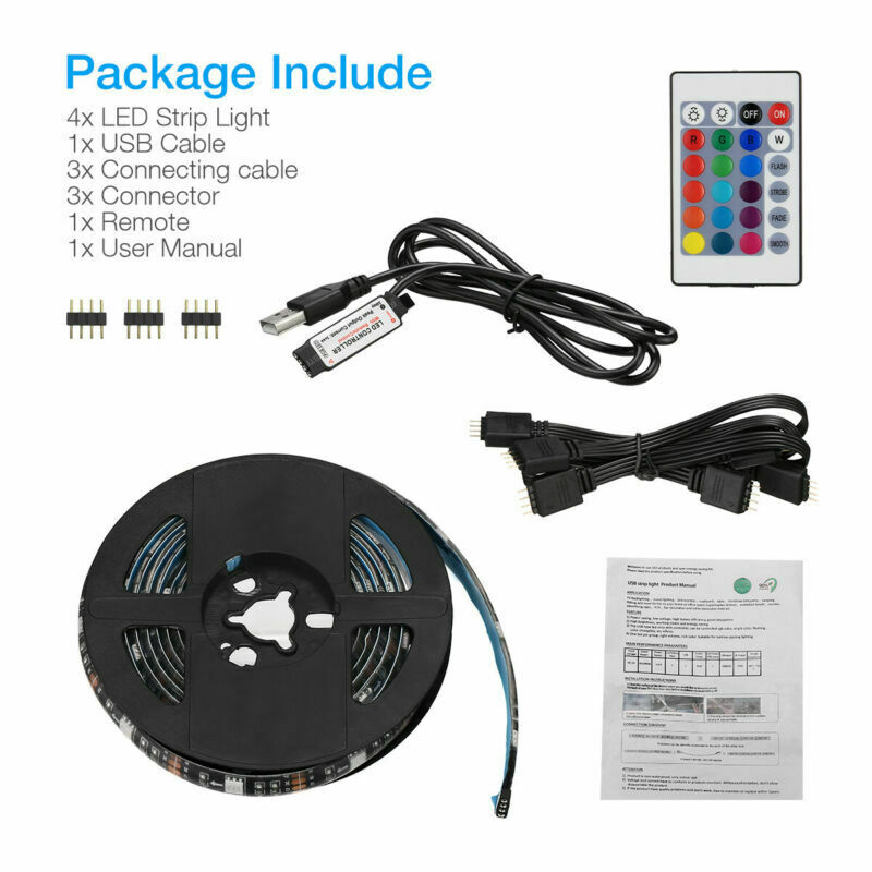  4x50CM USB 5V RGB LED Strip Background Light Remote Kit For TV Computer Lamp