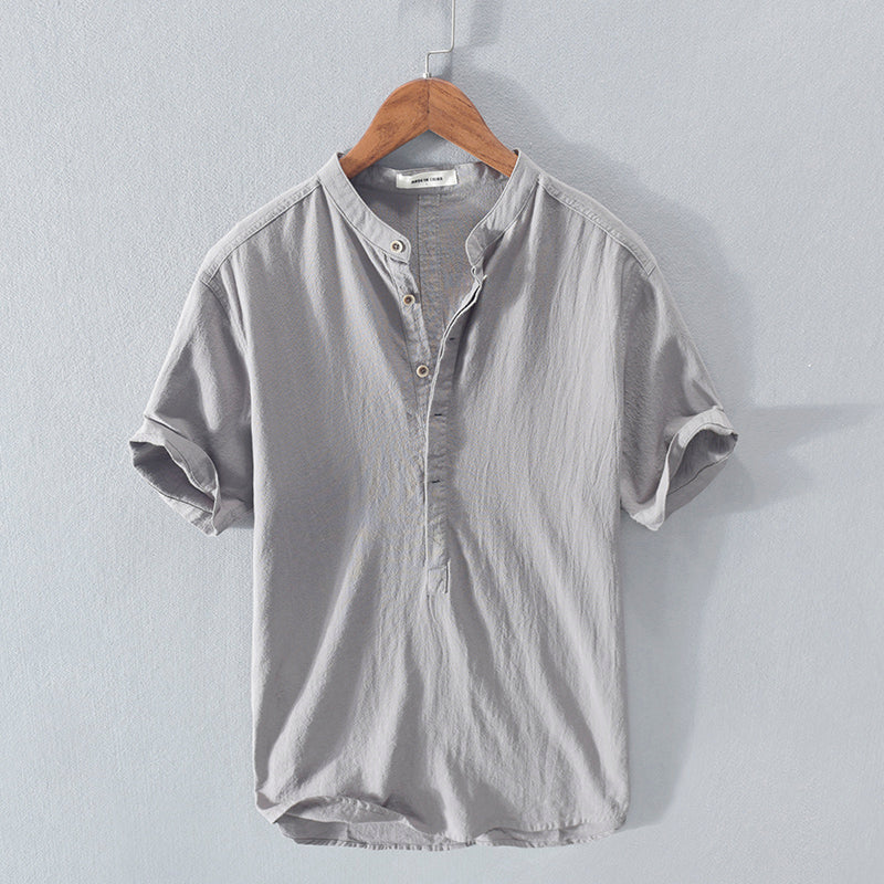  Men's Stand Collar Japanese Ice Silk Linen Short Sleeve T-shirt