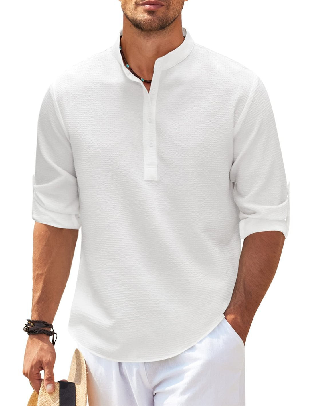  Men's Casual Shirt Long Sleeve Stand Collar Solid Color Shirt Mens Clothing