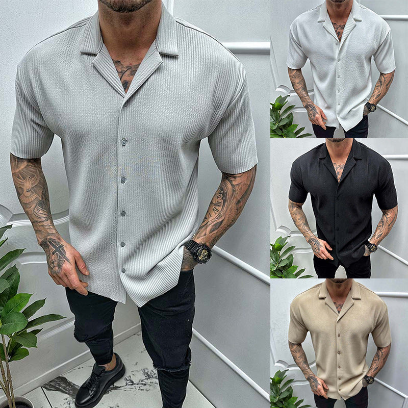  Men's Cardigan Solid Color Short Sleeve Shirt