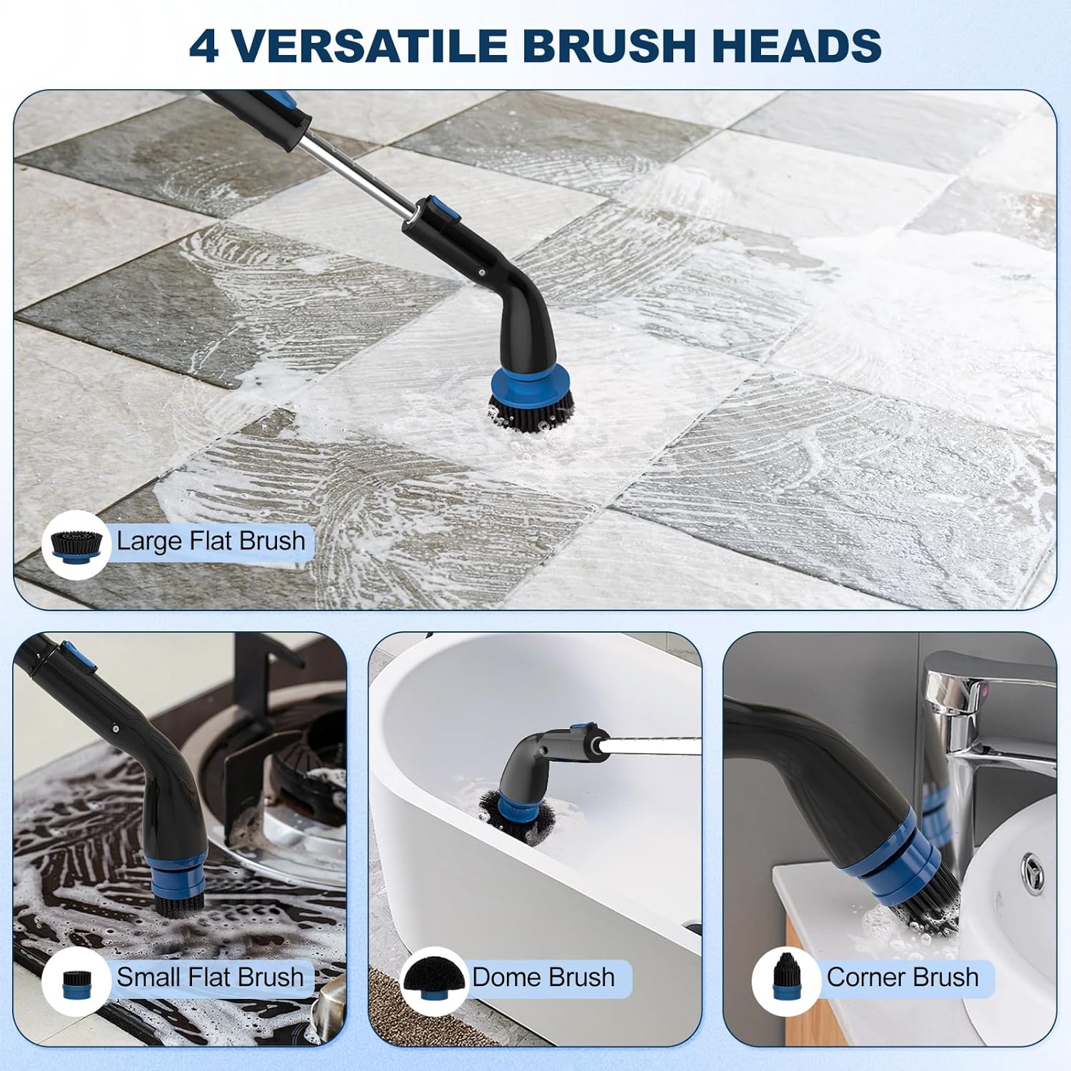  Electric Spin Scrubber, Cordless Cleaning Brush With 4 Replaceable Brush Heads And Adjustable Extension Handle Power Shower Scrubber For Bathroom, Kitchen, Tub, Tile, Floor