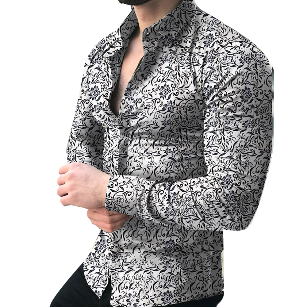  Lapel printed long-sleeved casual floral shirt