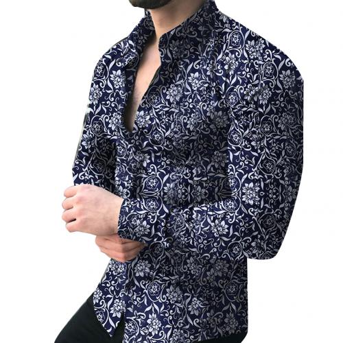  Lapel printed long-sleeved casual floral shirt