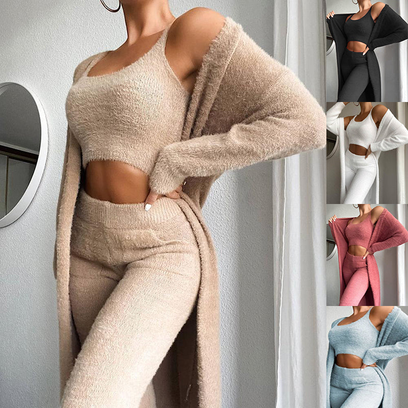  Cozy Pajama Set, 3 Piece Lounge Set, Cute Loungewear, Warm Suit Sets, Matching Set, Lounge Set, 3 Piece Pant Sets, Women Winter Dress