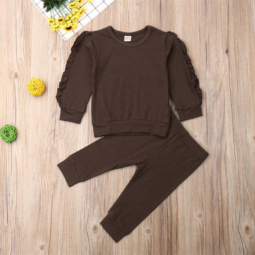  Newborn Baby Boys Girls Ruffles Jumper Solid Long Sleeve Sweatshirt Tops Pants Infant Kids 2Pcs Outfits Clothes Set Fall Clothes