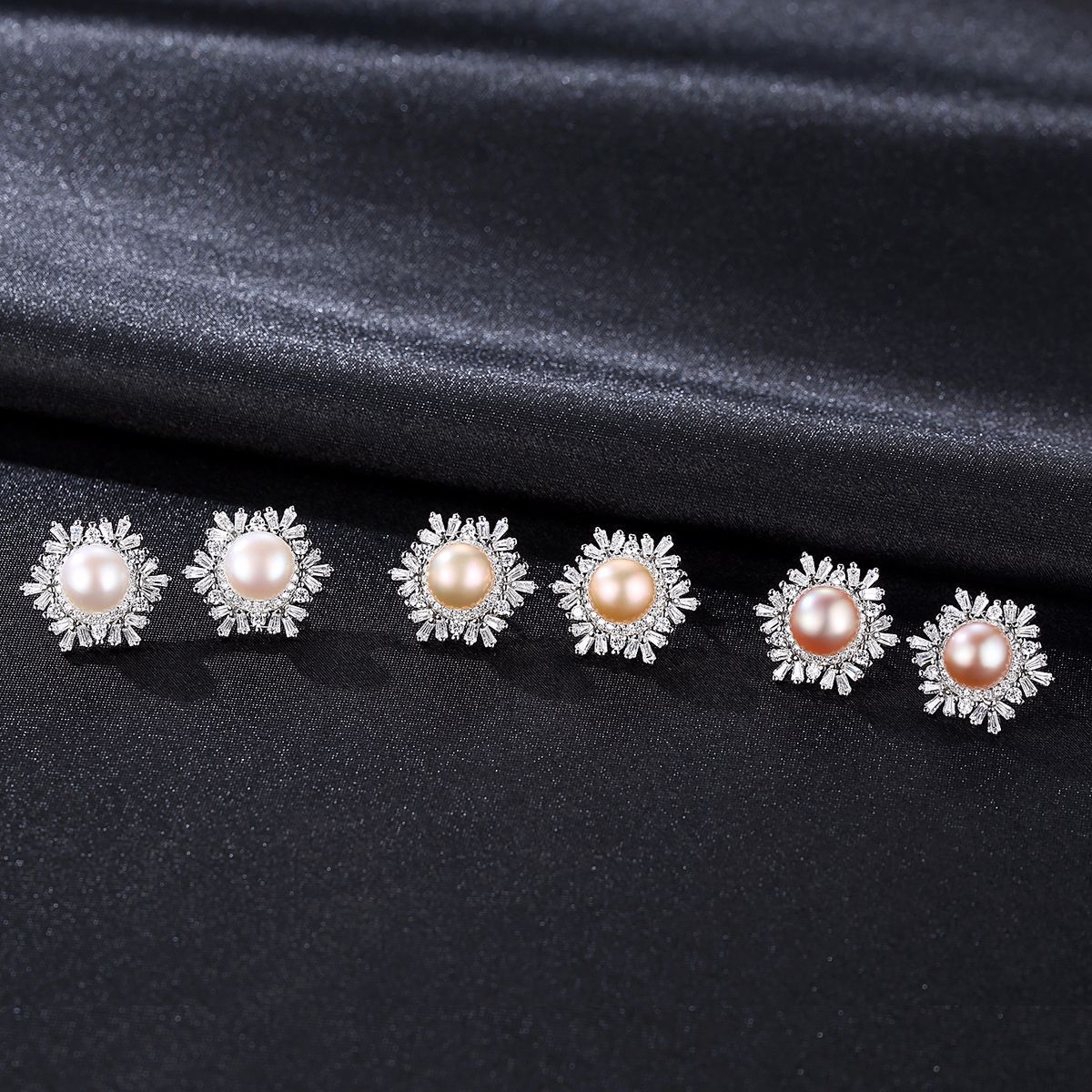  Sterling Silver Snowflake Stud Earrings Korean Gemstone Pearl Earrings Fashion Silver