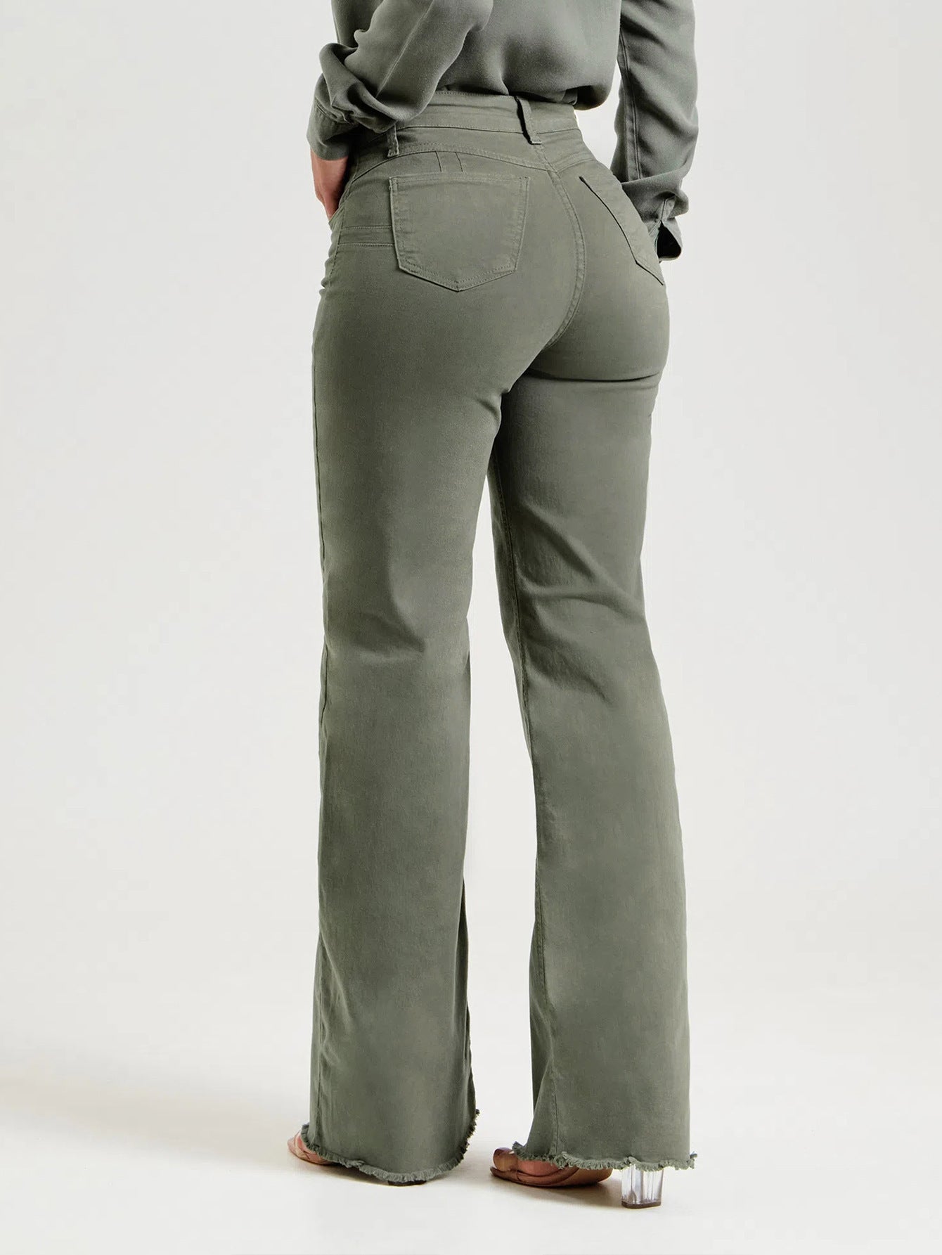  Slim Fit Stretch Fashion Solid Color Frayed Flared Pants