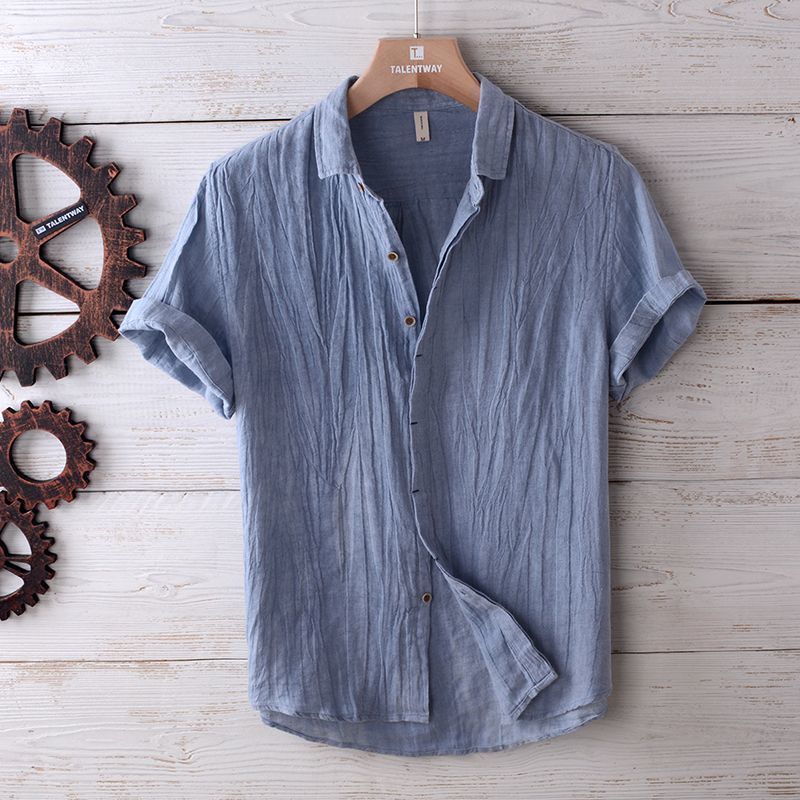  Men's Fashion Solid Color Retro Distressed Linen Shirt