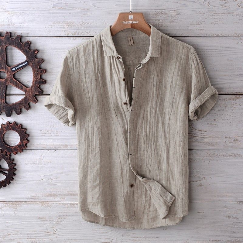  Men's Fashion Solid Color Retro Distressed Linen Shirt