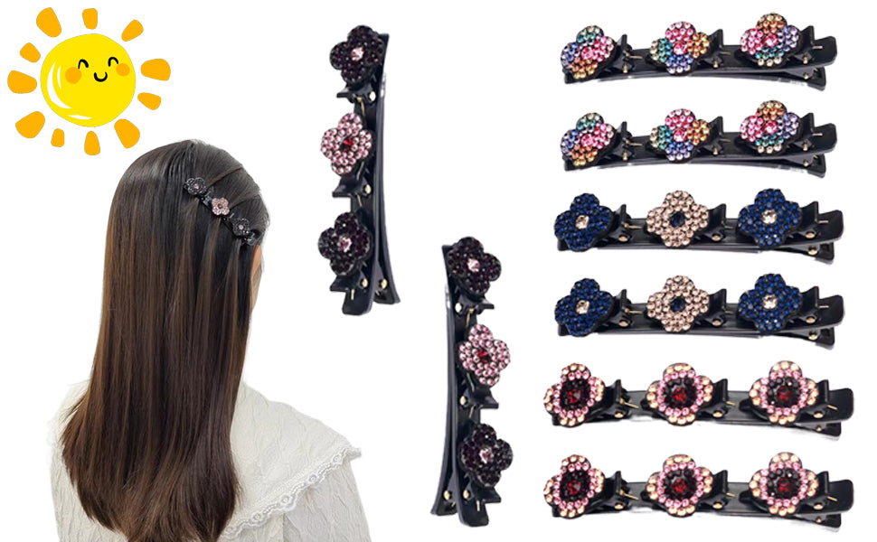  8PCS Sparkling Crystal Stone Braided Hair Clips Four-Leaf Clover Chopped Hairpin Duckbill Clip With 3 Small Clips On Top Hair Accessories Clips For Women Girls