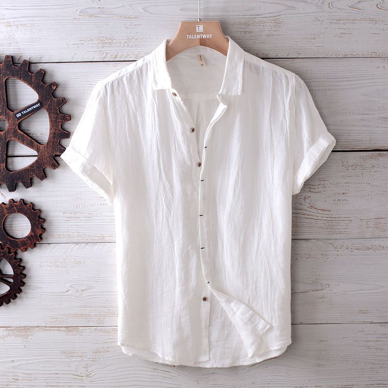  Men's Fashion Solid Color Retro Distressed Linen Shirt