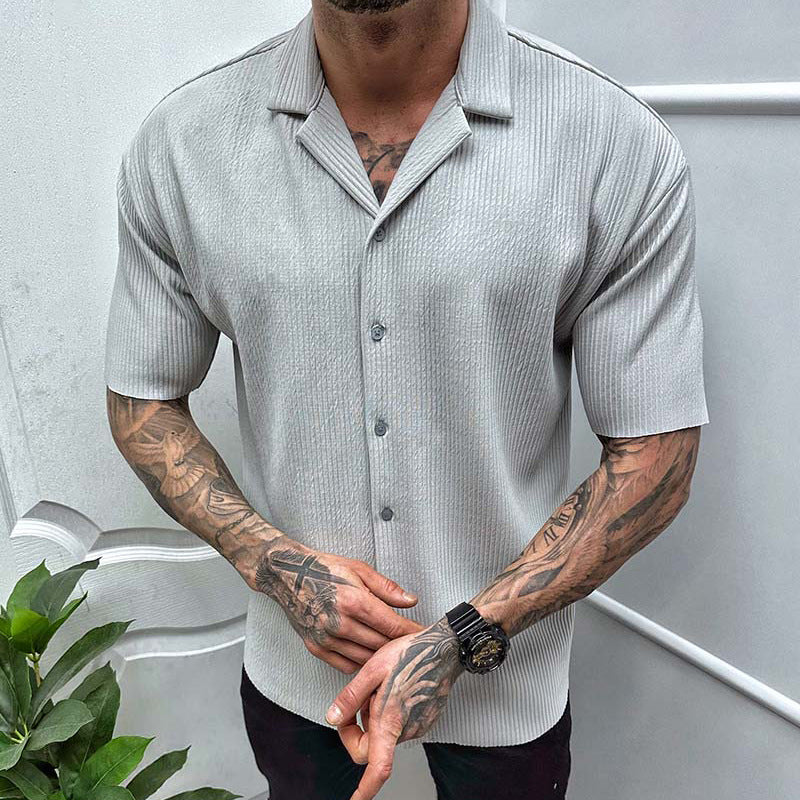  Men's Cardigan Solid Color Short Sleeve Shirt