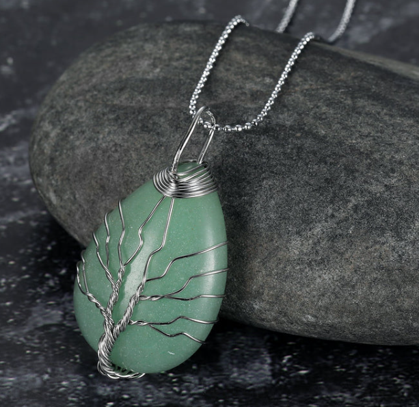  Celtic Tree Of Life Pendant & Chain On Teardrop Semi-Precious Stone