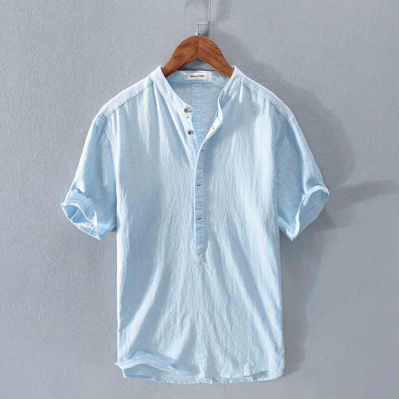  Men's Stand Collar Japanese Ice Silk Linen Short Sleeve T-shirt