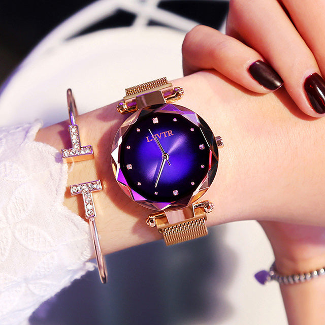 Rose Gold Women Watches Fashion Diamond Ladies Starry Sky Magnet Watch Waterproof Female Wristwatch