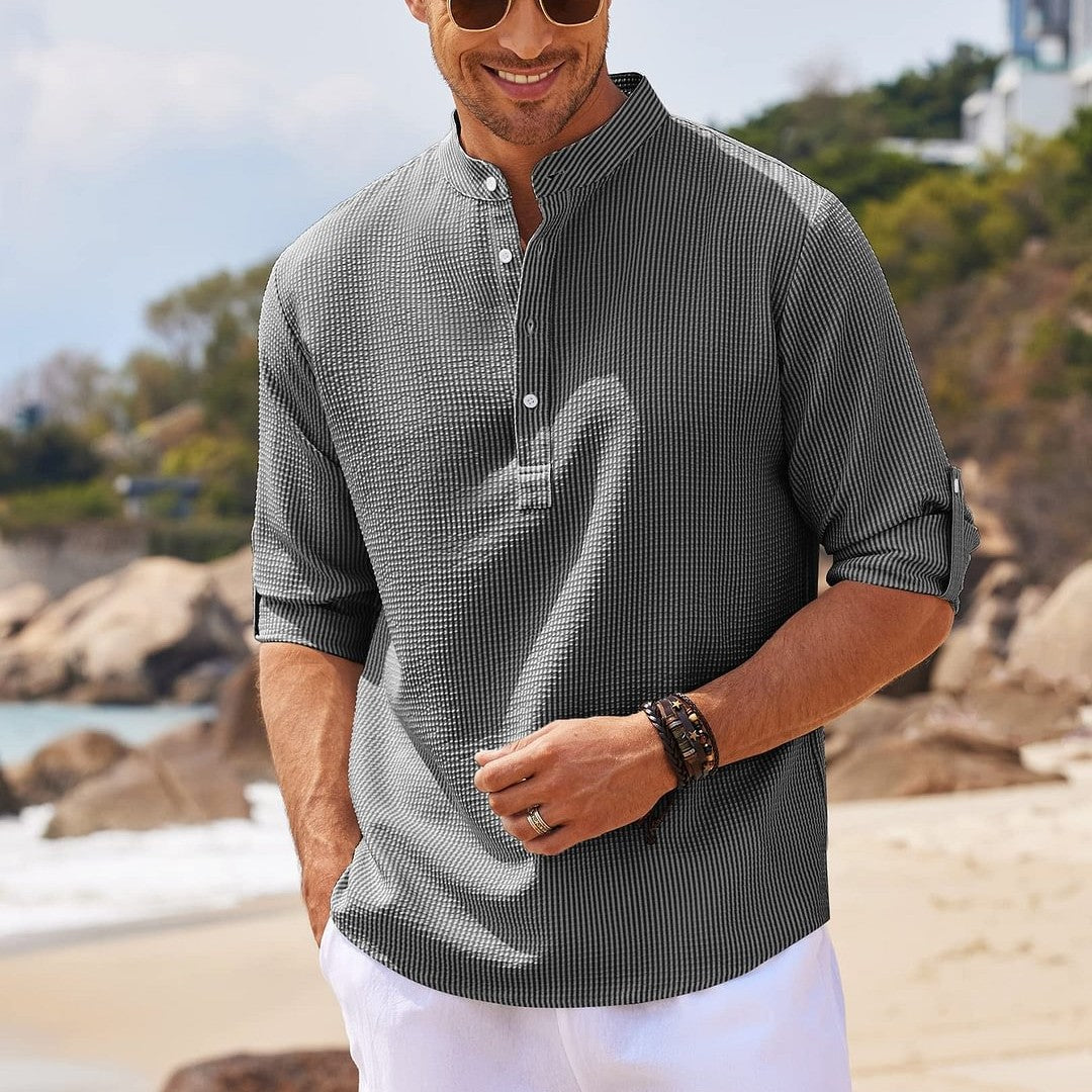  Men's Casual Shirt Long Sleeve Stand Collar Solid Color Shirt Mens Clothing