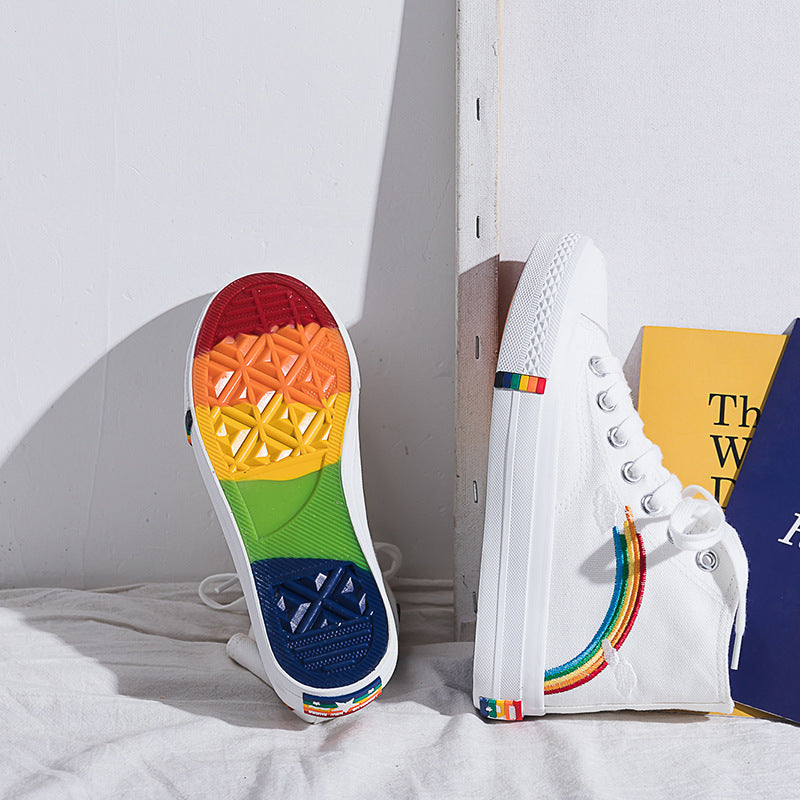  High-Top Rainbow Canvas Shoes Women'S College Style All-Match Canvas Shoes