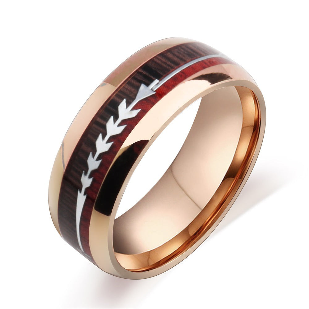  Stainless Steel Wood Grain Arrow Inlaid Ring