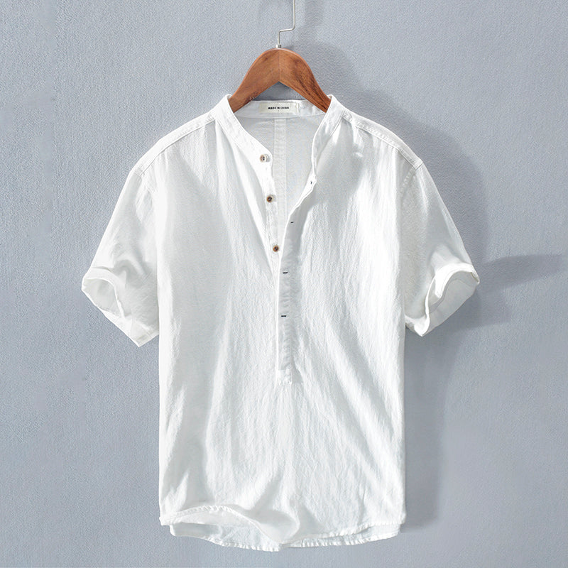  Men's Stand Collar Japanese Ice Silk Linen Short Sleeve T-shirt