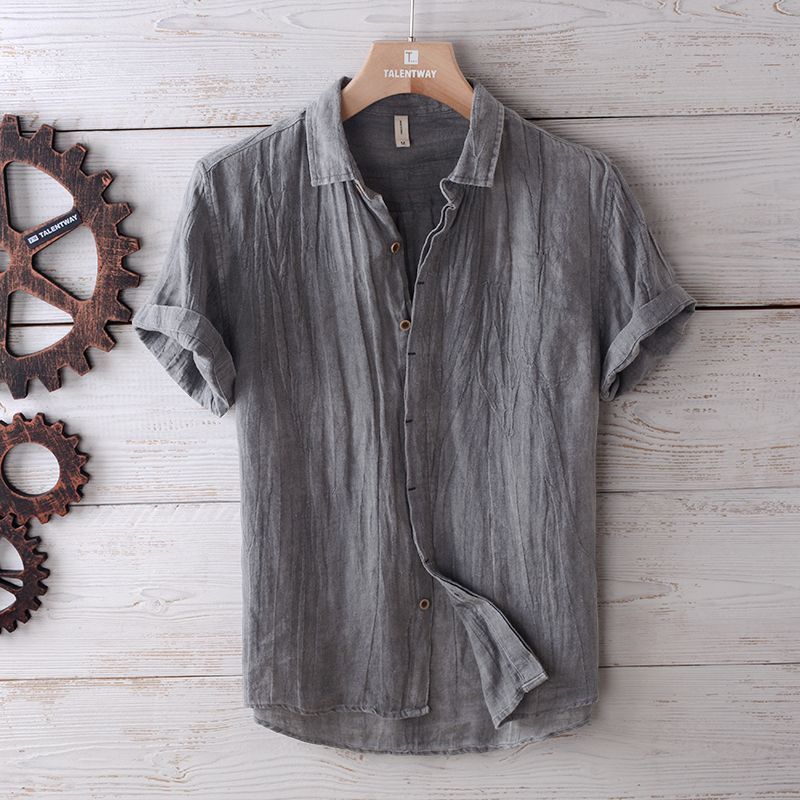  Men's Fashion Solid Color Retro Distressed Linen Shirt