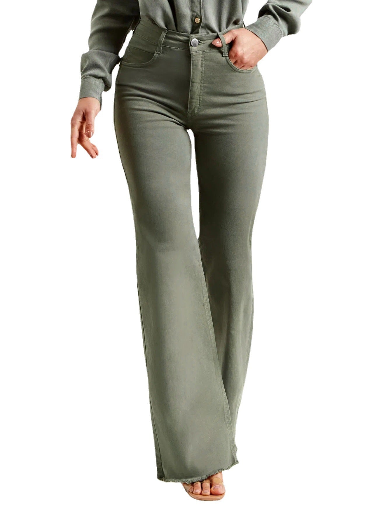  Slim Fit Stretch Fashion Solid Color Frayed Flared Pants