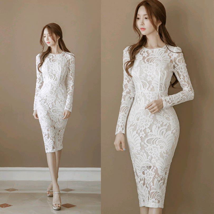  Lace Slim Bag Hip Fashion Round Neck Long Dress Women's Step Skirt