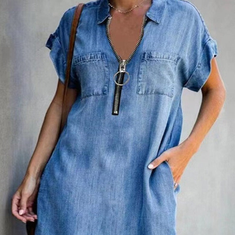  Denim Dress With Zip Closure